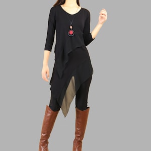 Black Modal Chiffon Tunic Top: Women&#39;s 3/4 Sleeve Layered Shirt