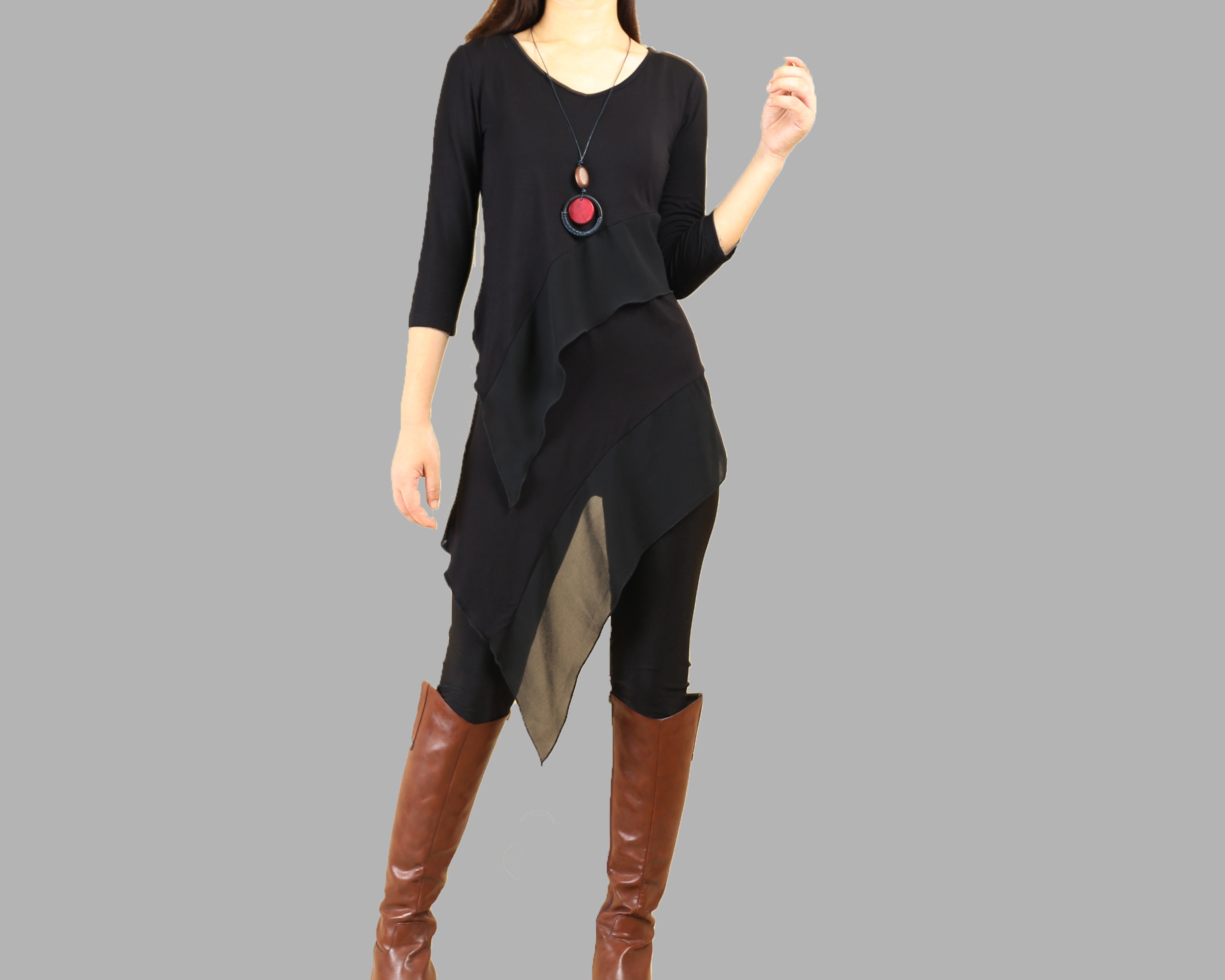 Women's V-neck 3/4 Sleeve Tunic Top, Modal Chiffon Top