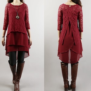 Oversize chiffon strap dress, Tunic tops for women, 3/4 Sleeve lace top, maternity tunic dress, plus size t-shirt(Q1023)