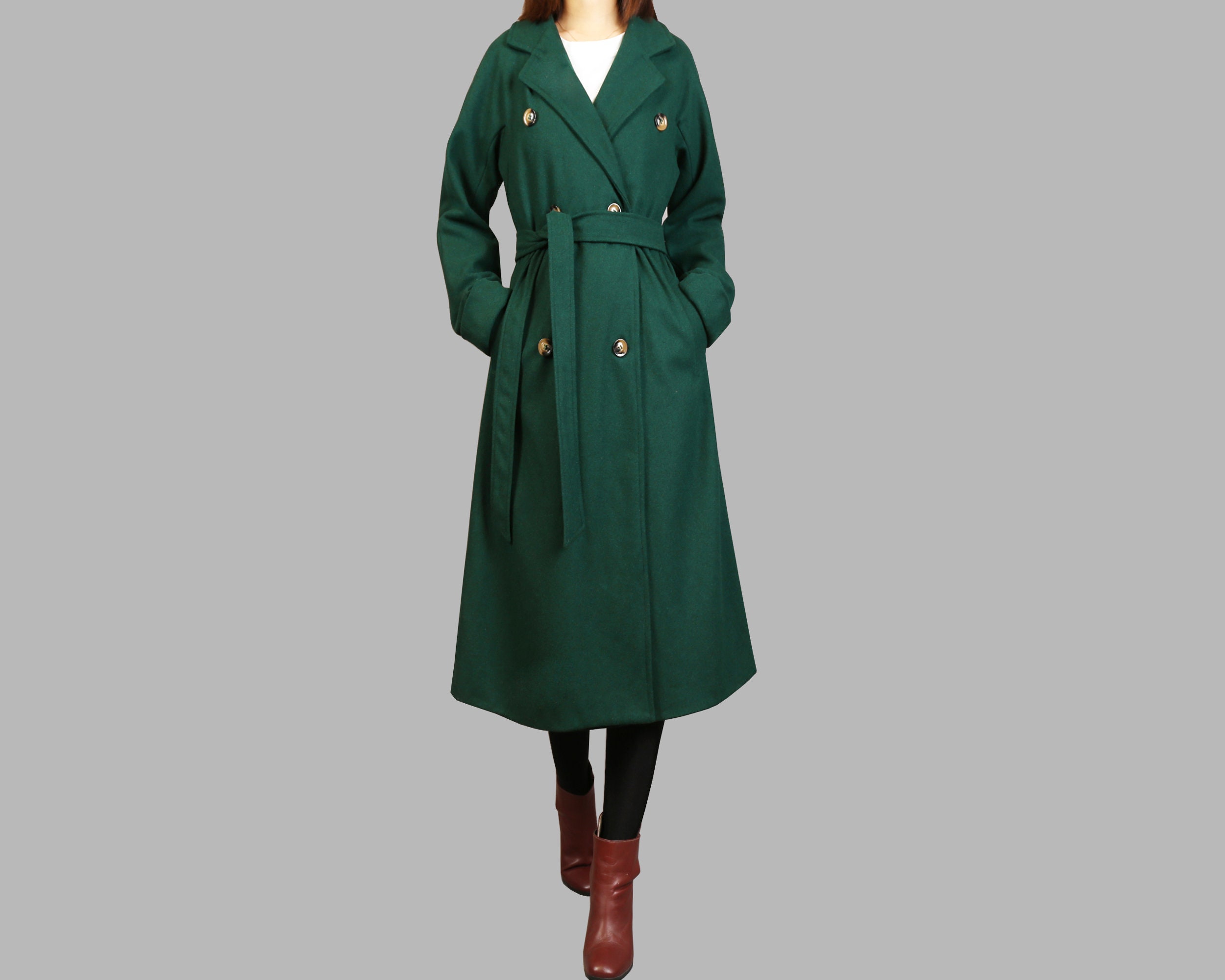 Emerald Green Wool Coat Outfit Handmade Wool Blend Maxi Coat: Belted Winter  Trench Coat Dress