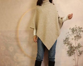 Turtleneck Poncho Sweater: Acrylic Boho Shawl Cape