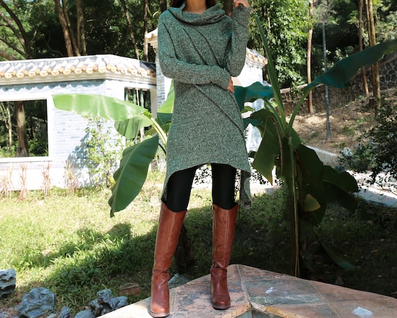 Cowl Neck Tunic Sweater Dress: Asymmetrical Hem, Thumb Holes
