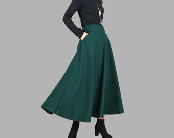 Winter skirt, wool skirt, dark green skirt, long skirt, vintage skirt, high waist skirt, maxi skirt(Q1098)