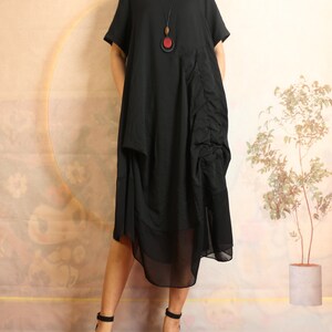 Linen dress, oversized dress, patchwork dress, stripe dress, short sleeve dress, casual dress, plus size clothing(Q2405)