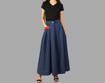 Pleated Linen Maxi Skirt: Flared Long Skirt with Pockets