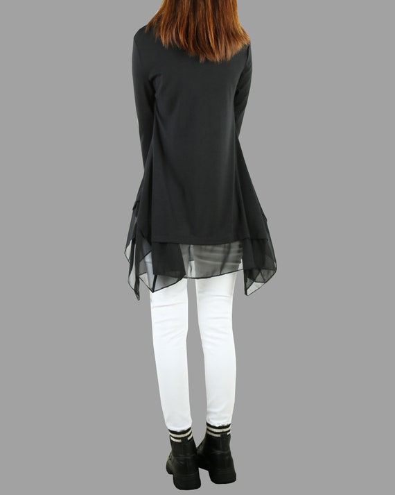 Long Sleeve T-shirt, Cotton and Chiffon Tunic Top, Yoga T-shirt, Black T- shirt, Tunic Tops for Leggingsy1038 