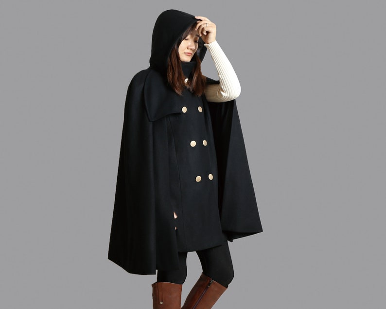 Cape coat with hood, wool poncho jacket, high neck coat, wool cloak coat, wool shawl winter coat, vintage capeY1108 image 6