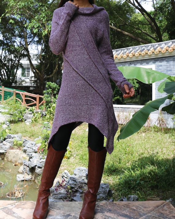Cowl Neck Tunic Sweater Dress: Acrylic Blend, Thumb Holes