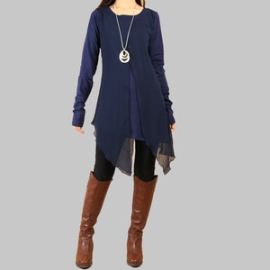 Women's cotton and chiffon tunic dress, Long sleeve tunic top, oversized layered cotton t-shirt, plus size top, asymmetrical dress(Y1012L)