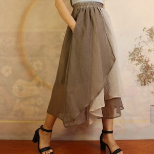 Asymmetrical Linen Midi Skirt: High Waist Two-Tone Skirt