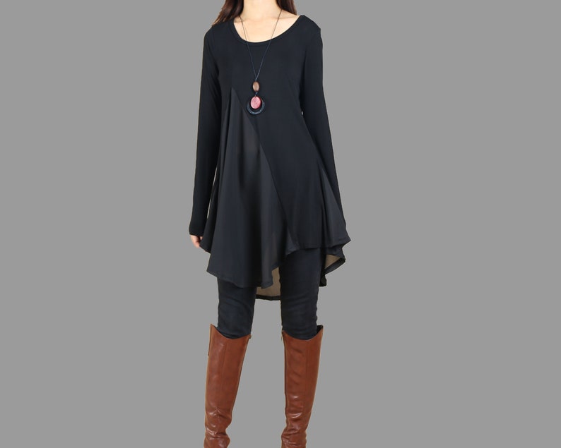 Modal and chiffon tunic top, yoga t-shirt, long sleeve tunic dress, black sports T-shirt, summer tops, tunic tops for LeggingsY1090 image 1