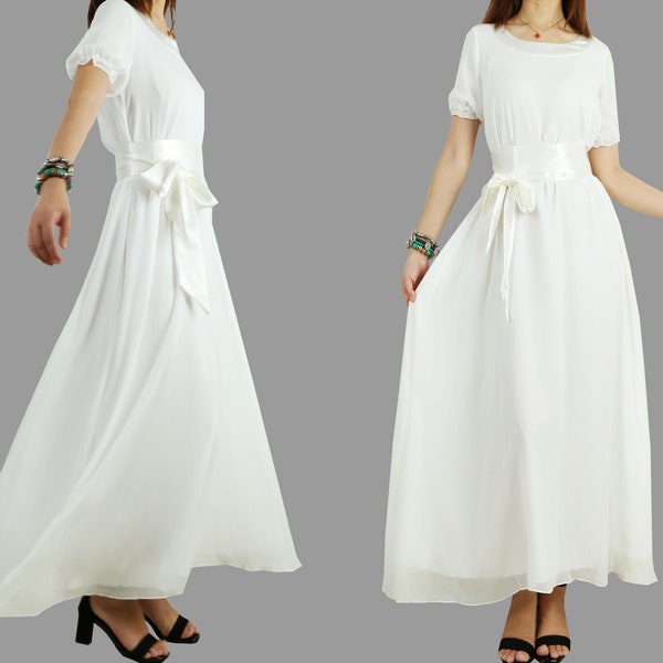 Bridesmaid dress, Wedding dress, pleated chiffon long dress, white dress, maxi dress, evening dress(Q1008)