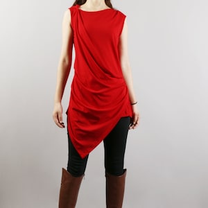 Asymmetrical Cotton Tunic Top: Sleeveless Draped Design