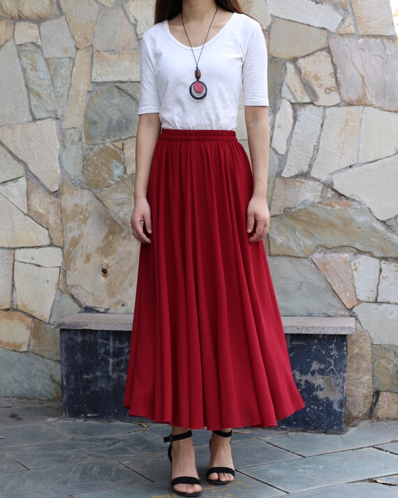 Women's Chiffon Skirt, Maxi Skirt, Elastic Waist Skirt, Long