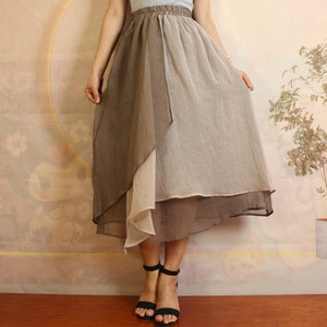Asymmetrical Linen Midi Skirt: High Waist Two-Tone Skirt