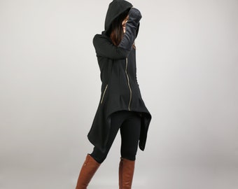 Jacket for women, jacket with hood, Women cotton jacket, Asymmetric jacket, Black Hooded Coat, Thumb Holes, Extravagant Unique coat(Y1180)