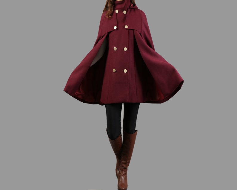 Cape coat with hood, wool poncho jacket, high neck coat, wool cloak coat, wool shawl winter coat, vintage capeY1108 image 9