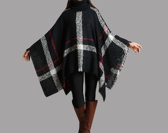 Plaid Turtleneck Poncho: Oversized Boho Cotton-Acrylic Blend