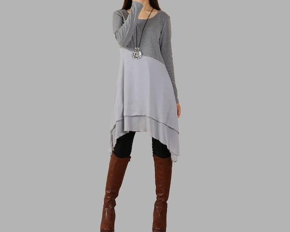 Long Sleeve Tunic Top, Cotton and Chiffon Tunic Dress, Crew Neck Dress, Tunic  Tops for Leggings, Asymmetrical Dressy1095 