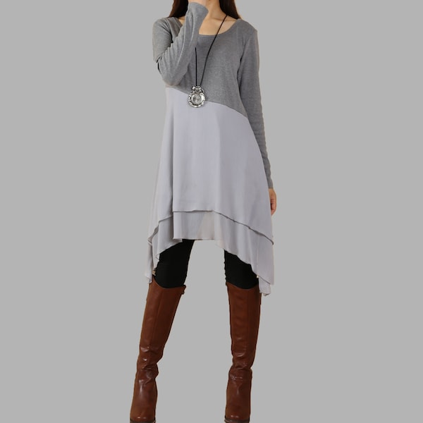 Cotton Chiffon Tunic Top: Long Sleeve Asymmetrical Dress