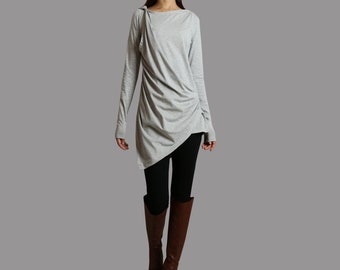 Tunika-Oberteile für Damen, Tunikakleid aus Baumwolle, langärmliges T-Shirt, langes Oberteil, dunkelblaues Baumwolloberteil (Y1041)