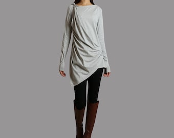 Tunic tops for women, cotton tunic dress, long sleeve t-shirt, long top, dark blue cotton top(Y1041)