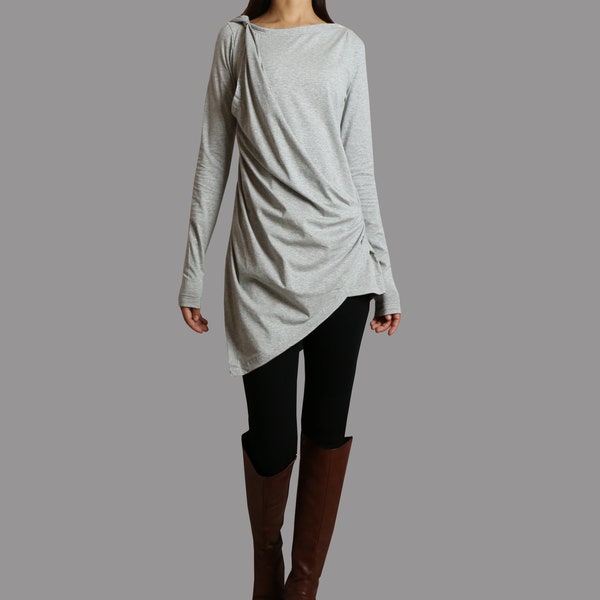 Tunic tops for women, cotton tunic dress, long sleeve t-shirt, long top, dark blue cotton top(Y1041)