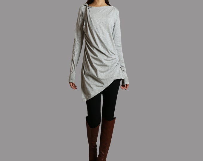 Asymmetrical Cotton Tunic Top: Long Sleeve Draped Dress