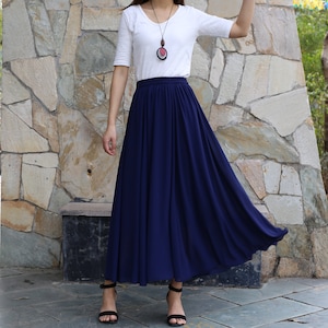 Women&#39;s chiffon skirt, maxi skirt, elastic waist skirt, long skirt, summer skirt, A-line skirt, customized summer dark blue skirt(Q2021)