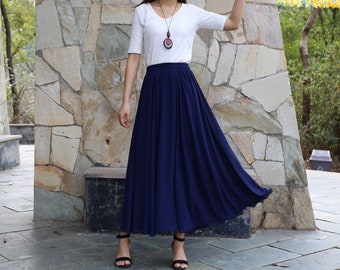Women's chiffon skirt, maxi skirt, elastic waist skirt, long skirt, summer skirt, A-line skirt, customized summer dark blue skirt(Q2021)