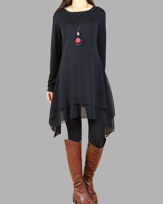 Cotton and Chiffon Tunic Dress, Long Sleeve Tunic Top, Crew Neck