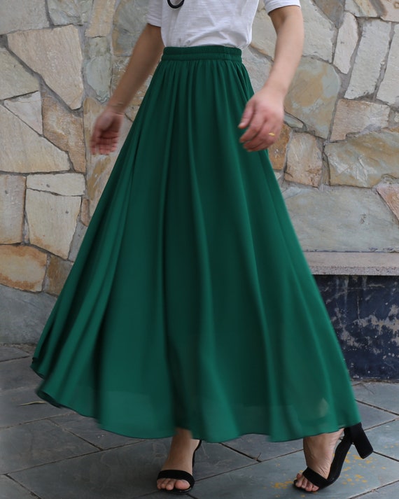 [LOW CLASSIC] / ☆ 24FW DOUBLE WAIST LONG SKIRT / BLUE GREEN Women's Maxi Skirt, Chiffon Skirt, Elastic Waist Skirt, Long