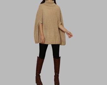 Frauen Poncho Pullover, Stehkragen Pullover Pullover, Strick Cape Top, übergroße Pullover, lange Pullover, Strick Pullover(P1112)