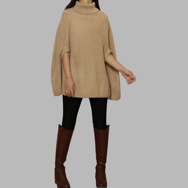 Pull poncho femme, pull pull col haut, haut de cape tricoté, pulls surdimensionnés, pulls longs, pull tricoté(P1112)