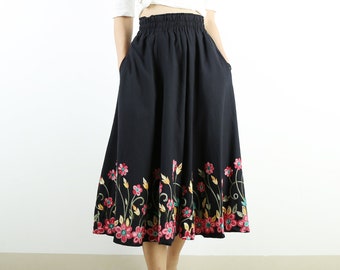 Cotton Skirt, Embroidery Skirt, High Waist Skirt, Midi Skirt, Elastic Waist Skirt, Custom Made, Skirt With Pockets Q1035 - Etsy Cotton Skirt, Embroidery Skirt, High Waist Skirt, Midi Skirt, Elastic Waist Skirt, Custom Made, Skirt With Pockets Q1035 - Etsy