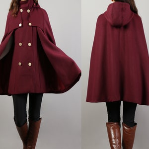 Cape coat with hood, wool poncho jacket, high neck coat, wool cloak coat, wool shawl winter coat, vintage cape(Y1108)