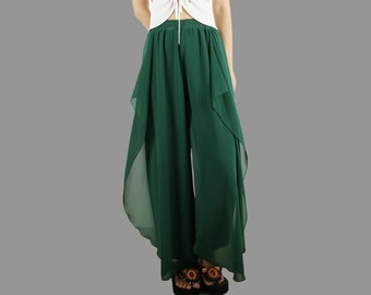 Women&#39;s wide leg chiffon pants, asymmetrical skirt pants, elastic waist trousers, high waist light weight pants, red pants(K1005)