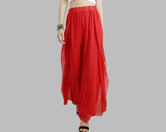 Women&#39;s wide leg chiffon pants, asymmetrical skirt pants, elastic waist trousers, high waist light weight pants, red pants(K1005)
