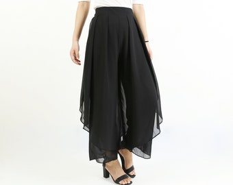 Women&#39;s asymmetrical skirt pants, wide leg pants, chiffon pants, elastic waist trousers, high waist pants, light weight pants(K1008)