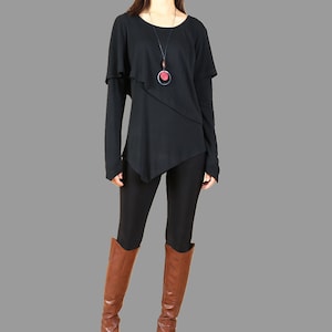 Asymmetrical layered t-shirt, long sleeve cotton top, T-shirts for women, customized top, black t-shirt(Y1096)