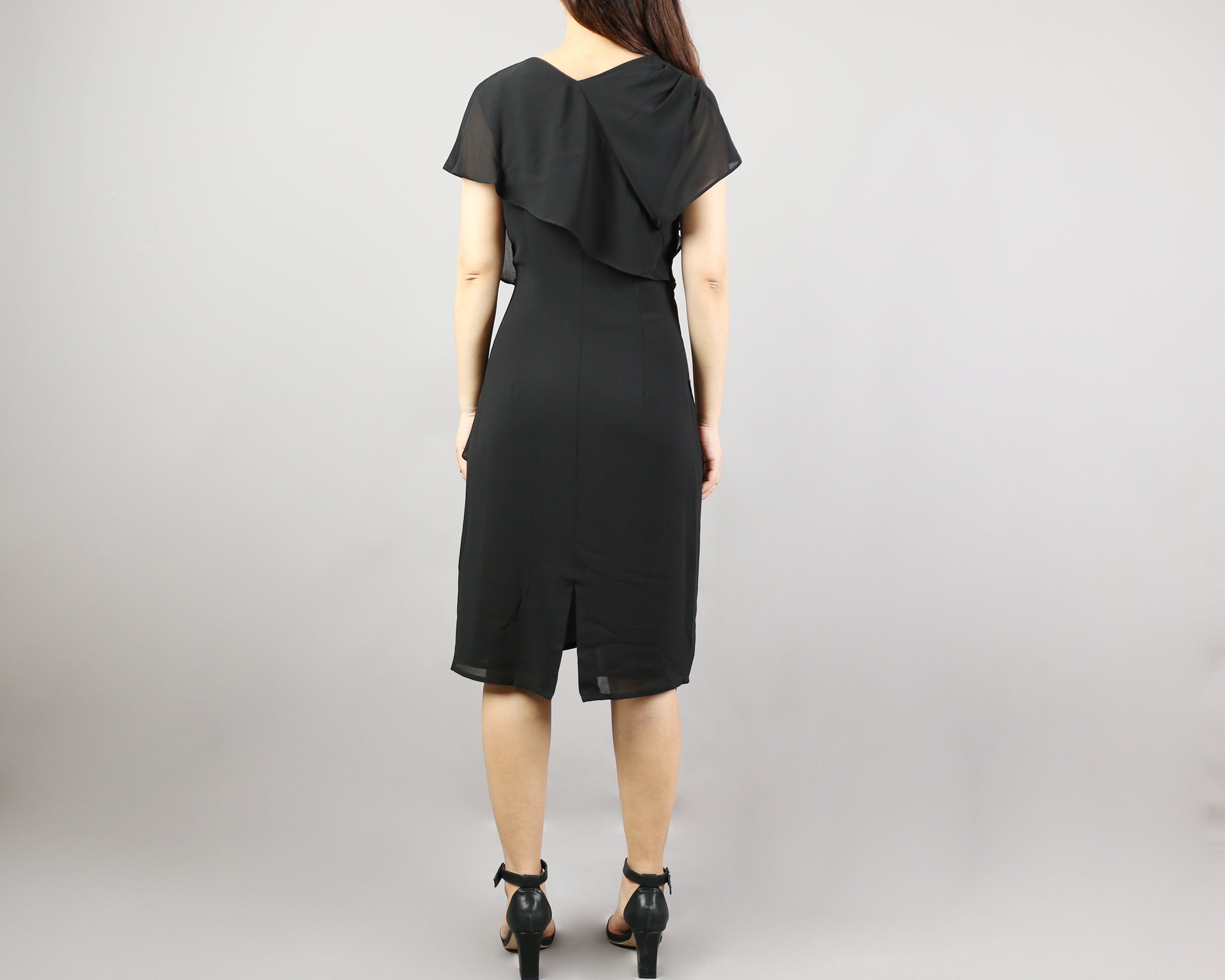 Black Chiffon Asymmetrical Dress: V-Neck Tunic