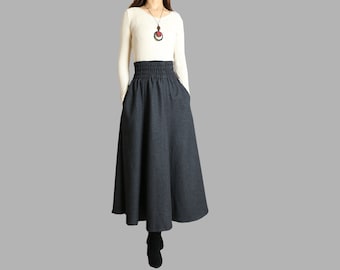 Jupe midi en laine : jupe d'hiver taille haute avec poches