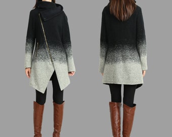 Gradient Wool Coat: Asymmetrical Zipper Winter Jacket