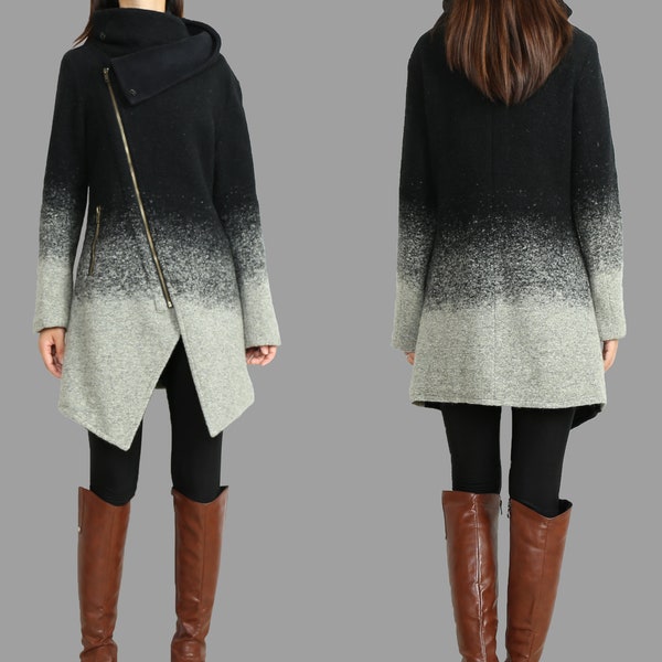 Wool Coat/Gradient Color Asymmetrical jacket/Winter Jacket/Wool Coat/Trench Coat/zipper coat/Long Overcoat(Y1104)