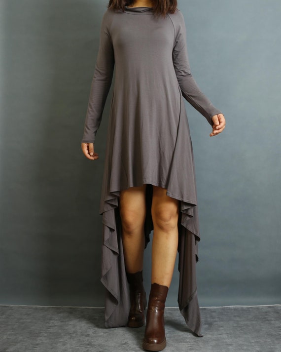 Asymmetrical Modal Cotton Maxi Dress: Long Sleeve Gray Casual Dress