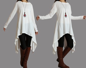 Oversize cotton hoodie, cotton tunic dress, long tops, long sleeve t-shirt, plus size top, oversized knit top, asymmetrical t-shirt(Y1088)