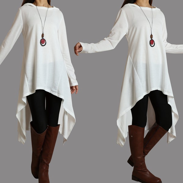 Sweat à capuche en coton surdimensionné, robe tunique en coton, hauts longs, t-shirt à manches longues, plus haut de taille, haut en tricot surdimensionné, t-shirt asymétrique (Y1088)