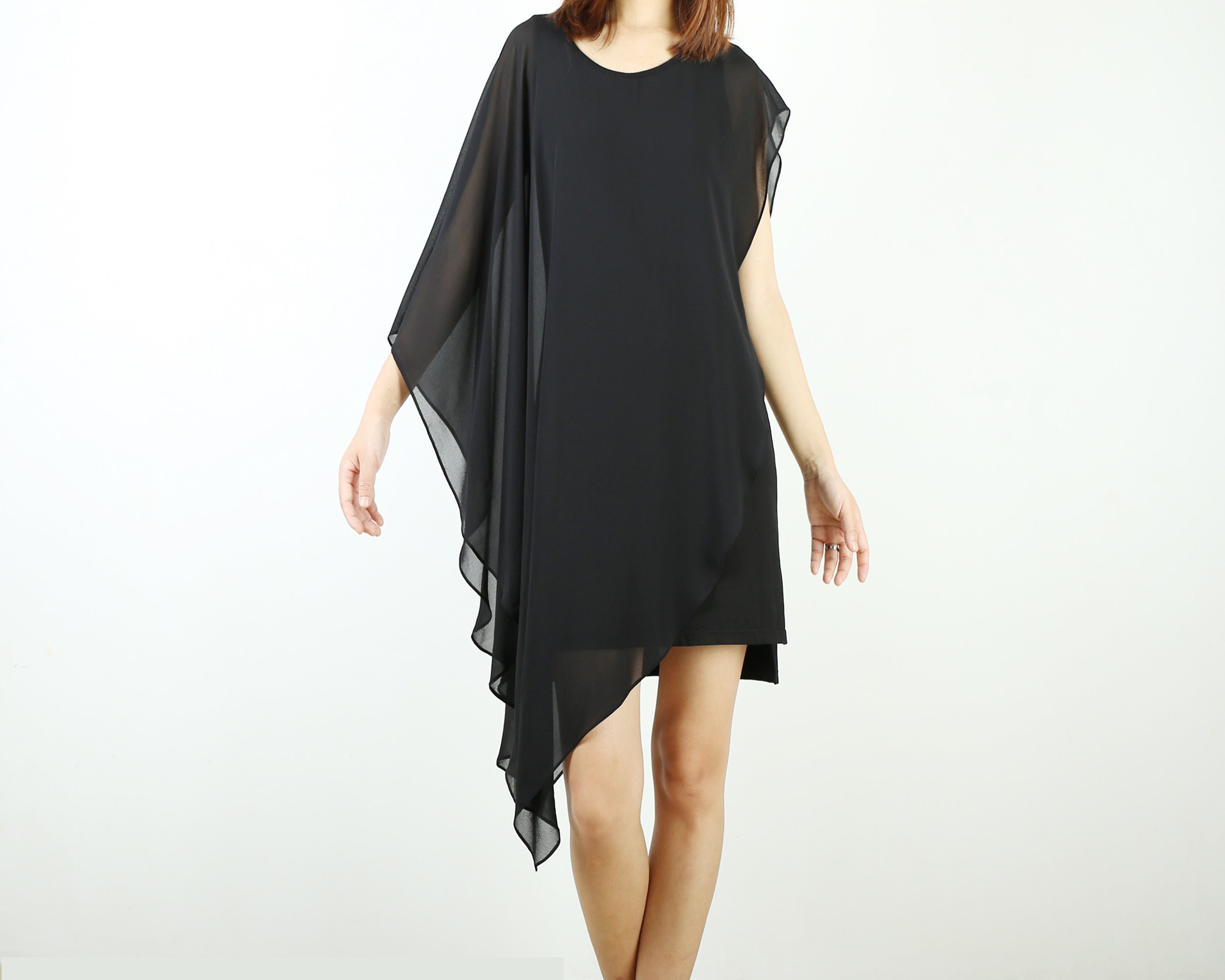 Chiffon Tunic Dress: Black Layered Oversized Summer Dress