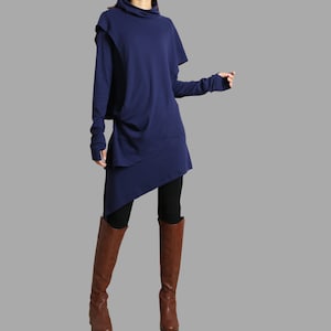 Cotton dress women, Thumb hole Sleeves tunic dress, High Neck Asymmetric T-shirt, Long Sleeve Tunic Top, Oversized T-shirt Customized(Y1087)