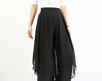 Chiffon Wide Leg Pants: Asymmetrical Skirt Overlay, Elastic Waist